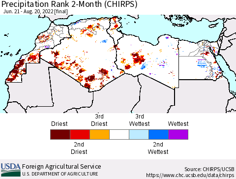 North Africa Precipitation Rank since 1981, 2-Month (CHIRPS) Thematic Map For 6/21/2022 - 8/20/2022