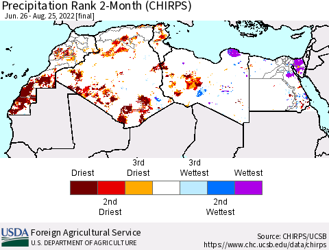 North Africa Precipitation Rank since 1981, 2-Month (CHIRPS) Thematic Map For 6/26/2022 - 8/25/2022