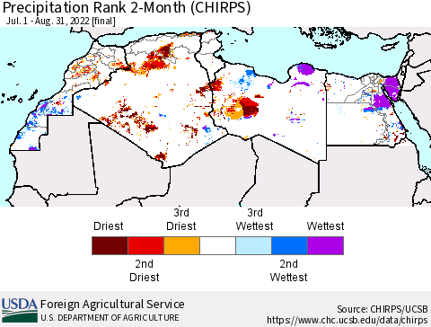 North Africa Precipitation Rank since 1981, 2-Month (CHIRPS) Thematic Map For 7/1/2022 - 8/31/2022