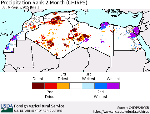 North Africa Precipitation Rank since 1981, 2-Month (CHIRPS) Thematic Map For 7/6/2022 - 9/5/2022