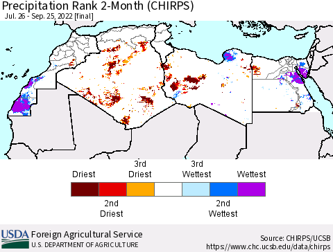 North Africa Precipitation Rank since 1981, 2-Month (CHIRPS) Thematic Map For 7/26/2022 - 9/25/2022