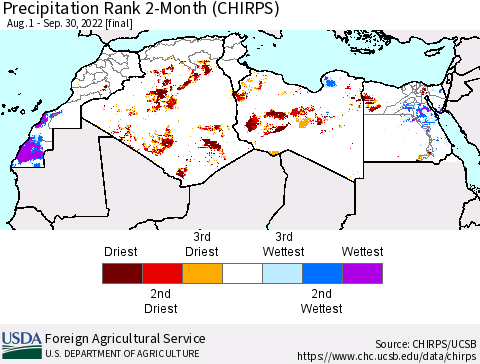 North Africa Precipitation Rank since 1981, 2-Month (CHIRPS) Thematic Map For 8/1/2022 - 9/30/2022
