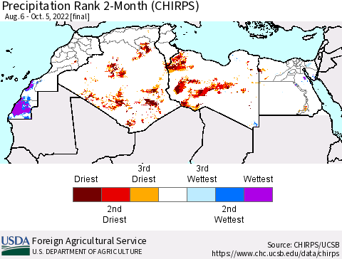 North Africa Precipitation Rank since 1981, 2-Month (CHIRPS) Thematic Map For 8/6/2022 - 10/5/2022