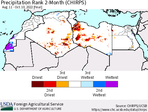 North Africa Precipitation Rank since 1981, 2-Month (CHIRPS) Thematic Map For 8/11/2022 - 10/10/2022