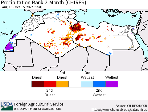 North Africa Precipitation Rank since 1981, 2-Month (CHIRPS) Thematic Map For 8/16/2022 - 10/15/2022