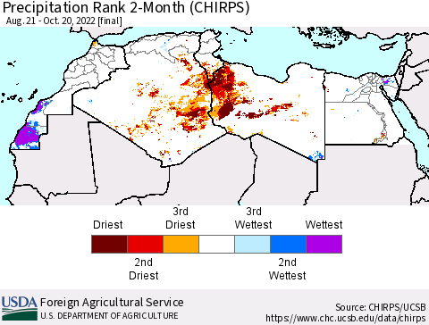 North Africa Precipitation Rank since 1981, 2-Month (CHIRPS) Thematic Map For 8/21/2022 - 10/20/2022