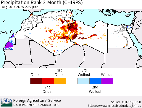 North Africa Precipitation Rank since 1981, 2-Month (CHIRPS) Thematic Map For 8/26/2022 - 10/25/2022