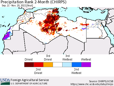 North Africa Precipitation Rank since 1981, 2-Month (CHIRPS) Thematic Map For 9/21/2022 - 11/20/2022