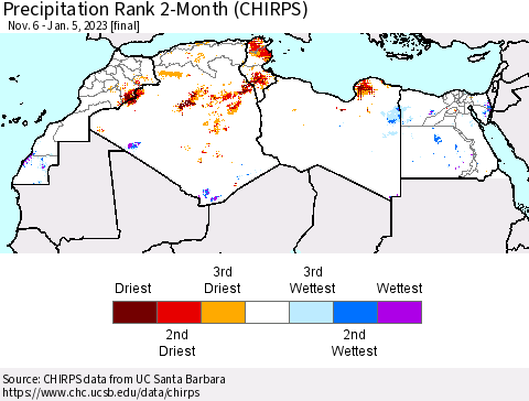 North Africa Precipitation Rank since 1981, 2-Month (CHIRPS) Thematic Map For 11/6/2022 - 1/5/2023