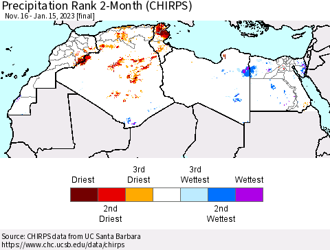 North Africa Precipitation Rank since 1981, 2-Month (CHIRPS) Thematic Map For 11/16/2022 - 1/15/2023