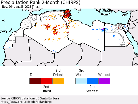 North Africa Precipitation Rank since 1981, 2-Month (CHIRPS) Thematic Map For 11/26/2022 - 1/25/2023