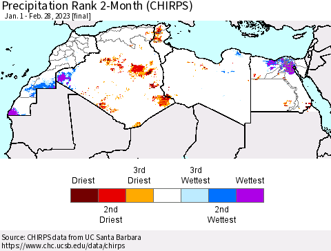North Africa Precipitation Rank since 1981, 2-Month (CHIRPS) Thematic Map For 1/1/2023 - 2/28/2023