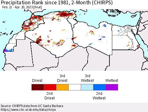 North Africa Precipitation Rank since 1981, 2-Month (CHIRPS) Thematic Map For 2/21/2023 - 4/20/2023