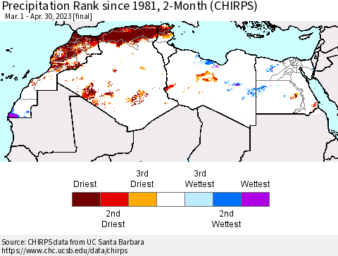 North Africa Precipitation Rank since 1981, 2-Month (CHIRPS) Thematic Map For 3/1/2023 - 4/30/2023
