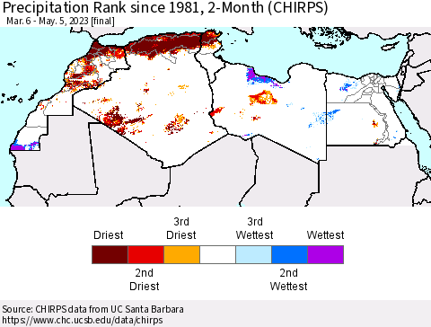 North Africa Precipitation Rank since 1981, 2-Month (CHIRPS) Thematic Map For 3/6/2023 - 5/5/2023