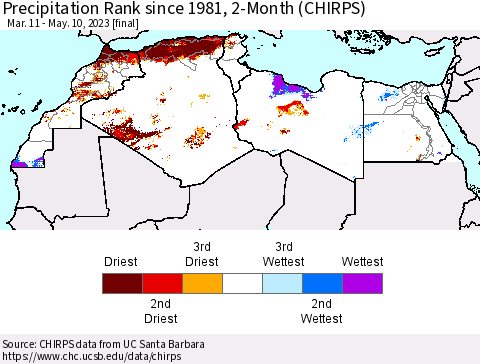 North Africa Precipitation Rank since 1981, 2-Month (CHIRPS) Thematic Map For 3/11/2023 - 5/10/2023