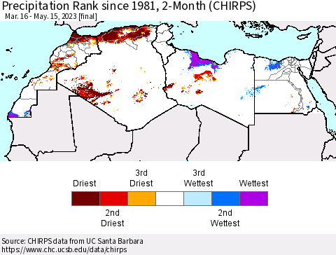 North Africa Precipitation Rank since 1981, 2-Month (CHIRPS) Thematic Map For 3/16/2023 - 5/15/2023