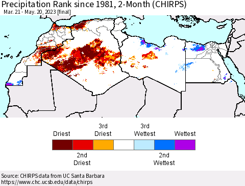 North Africa Precipitation Rank since 1981, 2-Month (CHIRPS) Thematic Map For 3/21/2023 - 5/20/2023