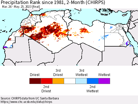 North Africa Precipitation Rank since 1981, 2-Month (CHIRPS) Thematic Map For 3/26/2023 - 5/25/2023