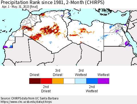 North Africa Precipitation Rank since 1981, 2-Month (CHIRPS) Thematic Map For 4/1/2023 - 5/31/2023