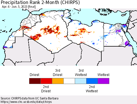 North Africa Precipitation Rank since 1981, 2-Month (CHIRPS) Thematic Map For 4/6/2023 - 6/5/2023