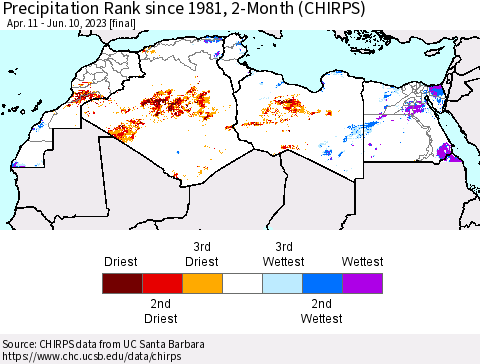 North Africa Precipitation Rank since 1981, 2-Month (CHIRPS) Thematic Map For 4/11/2023 - 6/10/2023