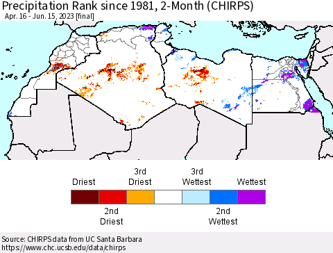 North Africa Precipitation Rank since 1981, 2-Month (CHIRPS) Thematic Map For 4/16/2023 - 6/15/2023