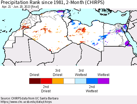 North Africa Precipitation Rank since 1981, 2-Month (CHIRPS) Thematic Map For 4/21/2023 - 6/20/2023