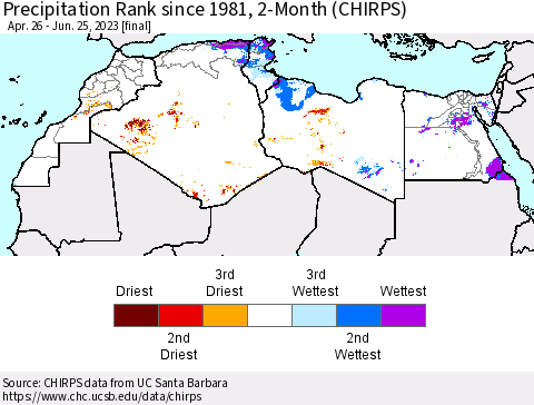 North Africa Precipitation Rank since 1981, 2-Month (CHIRPS) Thematic Map For 4/26/2023 - 6/25/2023