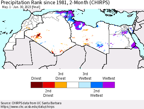 North Africa Precipitation Rank since 1981, 2-Month (CHIRPS) Thematic Map For 5/1/2023 - 6/30/2023