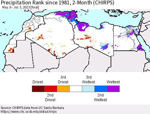 North Africa Precipitation Rank since 1981, 2-Month (CHIRPS) Thematic Map For 5/6/2023 - 7/5/2023