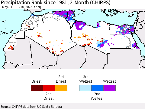 North Africa Precipitation Rank since 1981, 2-Month (CHIRPS) Thematic Map For 5/11/2023 - 7/10/2023
