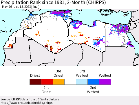 North Africa Precipitation Rank since 1981, 2-Month (CHIRPS) Thematic Map For 5/16/2023 - 7/15/2023