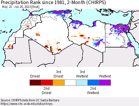 North Africa Precipitation Rank since 1981, 2-Month (CHIRPS) Thematic Map For 5/21/2023 - 7/20/2023