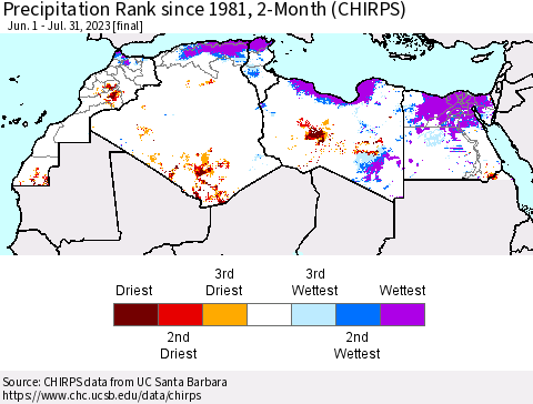 North Africa Precipitation Rank since 1981, 2-Month (CHIRPS) Thematic Map For 6/1/2023 - 7/31/2023
