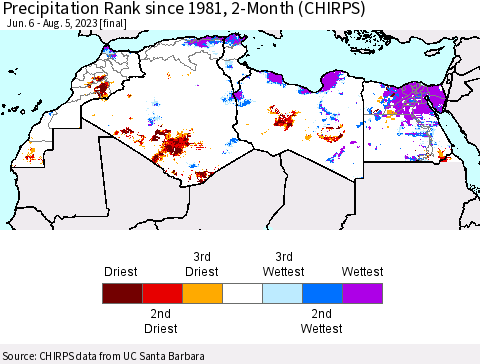 North Africa Precipitation Rank since 1981, 2-Month (CHIRPS) Thematic Map For 6/6/2023 - 8/5/2023