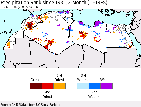 North Africa Precipitation Rank since 1981, 2-Month (CHIRPS) Thematic Map For 6/11/2023 - 8/10/2023