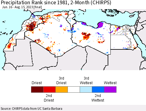 North Africa Precipitation Rank since 1981, 2-Month (CHIRPS) Thematic Map For 6/16/2023 - 8/15/2023