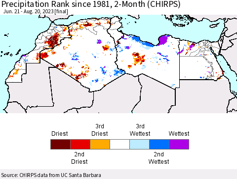 North Africa Precipitation Rank since 1981, 2-Month (CHIRPS) Thematic Map For 6/21/2023 - 8/20/2023