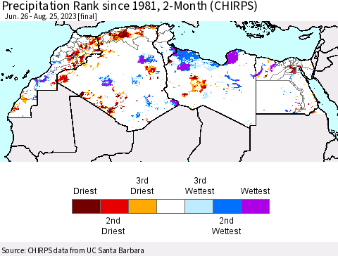 North Africa Precipitation Rank since 1981, 2-Month (CHIRPS) Thematic Map For 6/26/2023 - 8/25/2023
