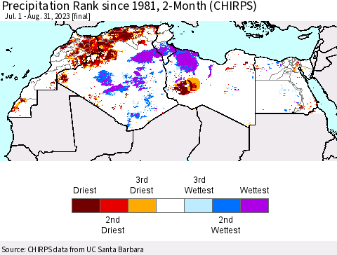 North Africa Precipitation Rank since 1981, 2-Month (CHIRPS) Thematic Map For 7/1/2023 - 8/31/2023