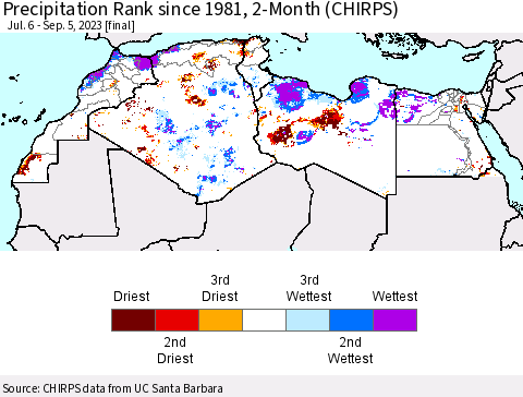 North Africa Precipitation Rank since 1981, 2-Month (CHIRPS) Thematic Map For 7/6/2023 - 9/5/2023