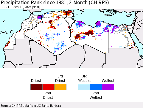North Africa Precipitation Rank since 1981, 2-Month (CHIRPS) Thematic Map For 7/11/2023 - 9/10/2023