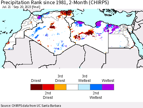 North Africa Precipitation Rank since 1981, 2-Month (CHIRPS) Thematic Map For 7/21/2023 - 9/20/2023