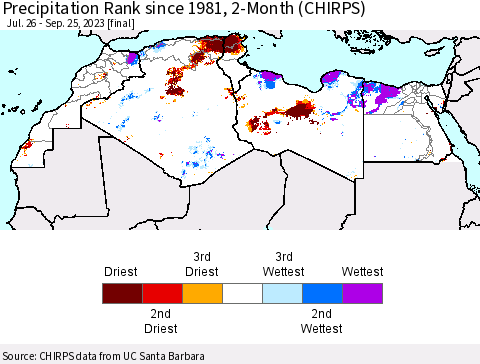 North Africa Precipitation Rank since 1981, 2-Month (CHIRPS) Thematic Map For 7/26/2023 - 9/25/2023