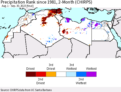 North Africa Precipitation Rank since 1981, 2-Month (CHIRPS) Thematic Map For 8/1/2023 - 9/30/2023