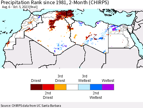 North Africa Precipitation Rank since 1981, 2-Month (CHIRPS) Thematic Map For 8/6/2023 - 10/5/2023