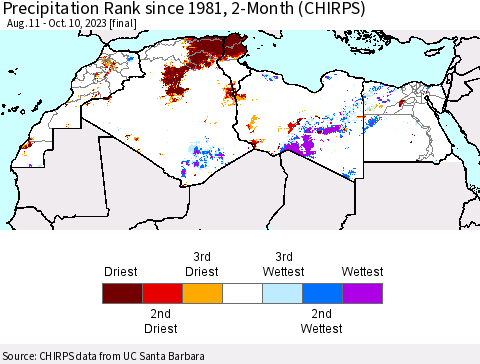 North Africa Precipitation Rank since 1981, 2-Month (CHIRPS) Thematic Map For 8/11/2023 - 10/10/2023