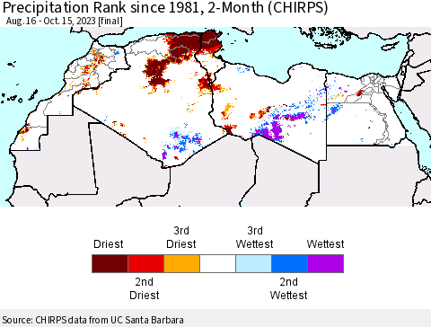 North Africa Precipitation Rank since 1981, 2-Month (CHIRPS) Thematic Map For 8/16/2023 - 10/15/2023