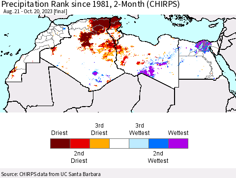 North Africa Precipitation Rank since 1981, 2-Month (CHIRPS) Thematic Map For 8/21/2023 - 10/20/2023